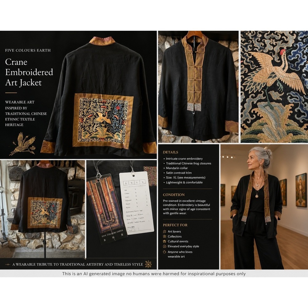 FCE Five Colours Earth Crane Embroidered Art Jacket XL Wearable Art